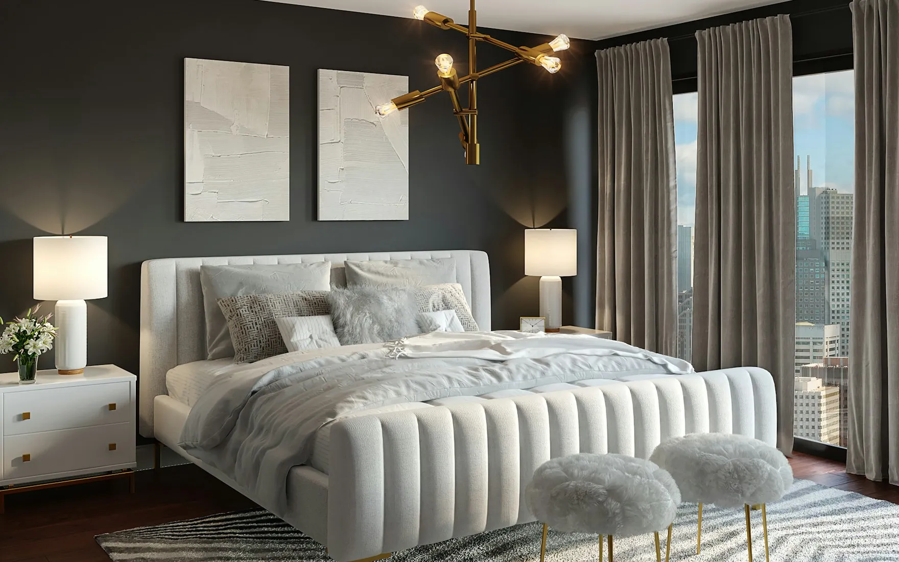 Chambre sombre et feutrée avec tête de lit basse et grande baie