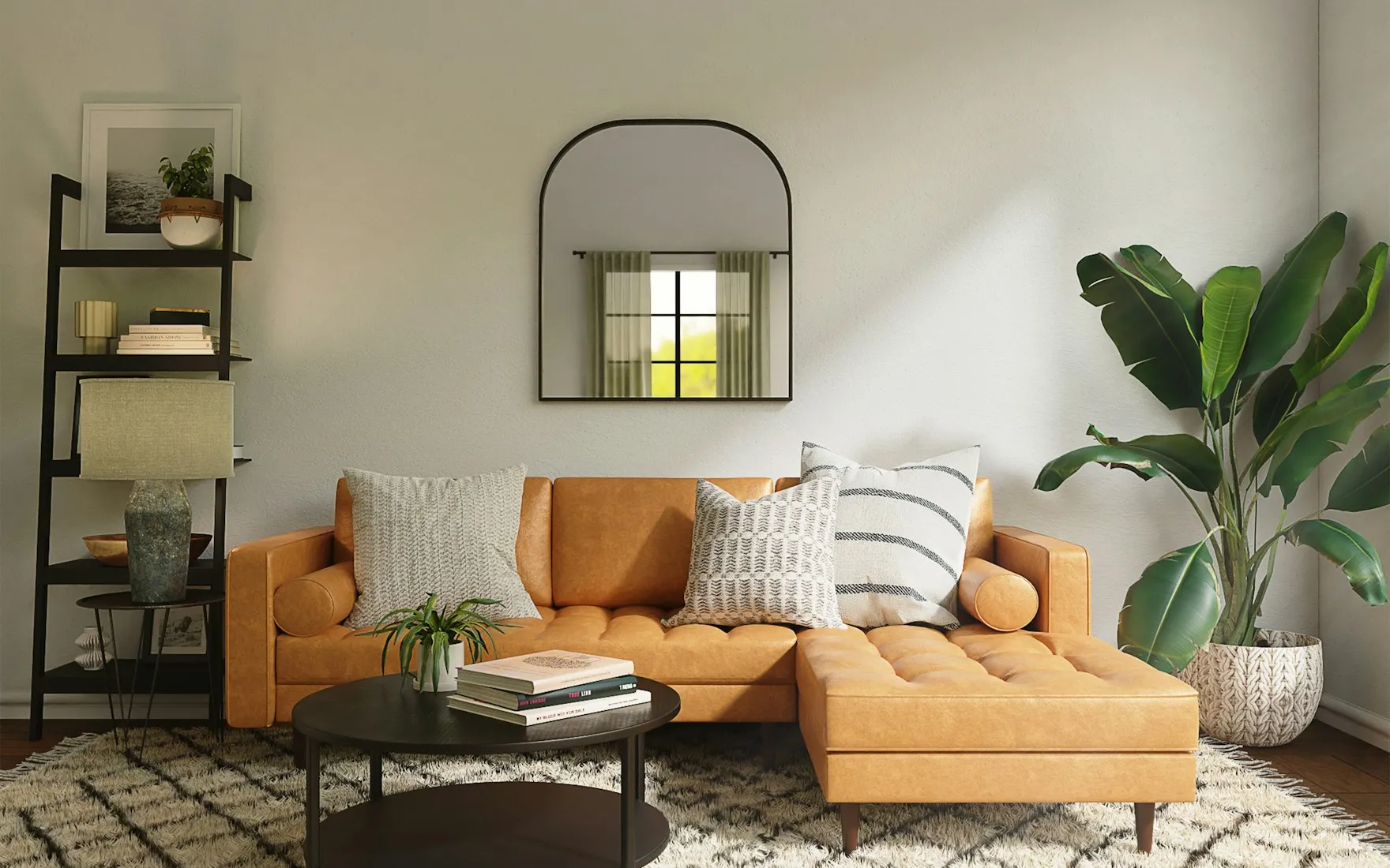 Le même salon après redesign par InteriorGPT, palette sauge et suspensions dorées