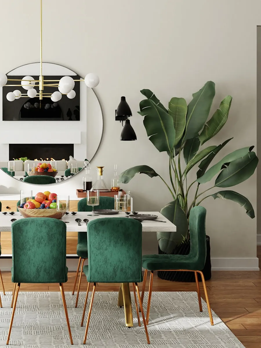 Salle à manger Art déco avec chaises en velours vert, laiton et miroir rond