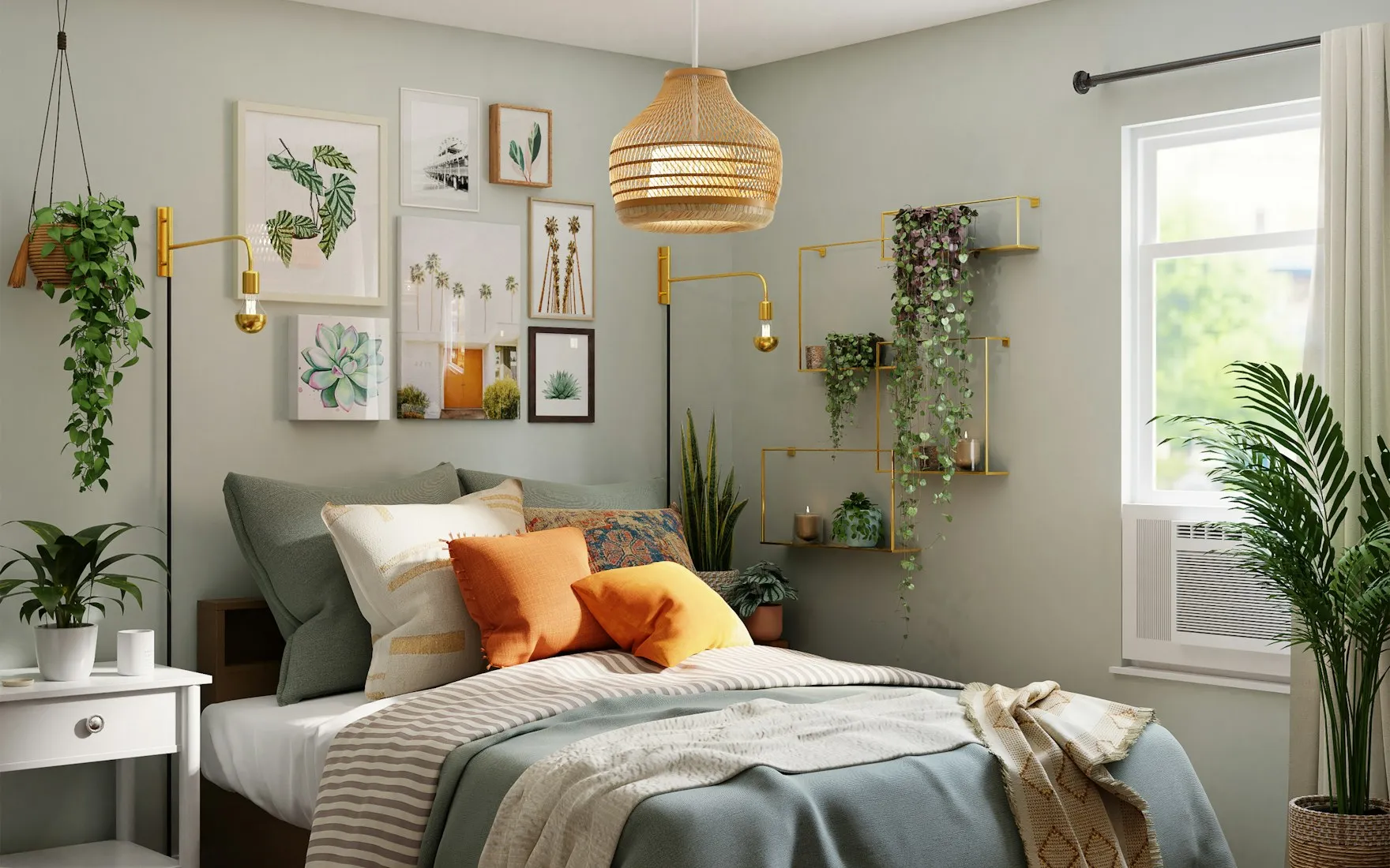 Chambre bohème généré par InteriorGPT : terracotta, ocre, rouille, sable, vert olive