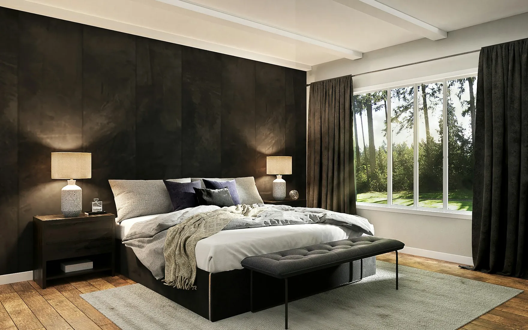 Chambre japandi généré par InteriorGPT : argile, sable, taupe, noyer, noir mat