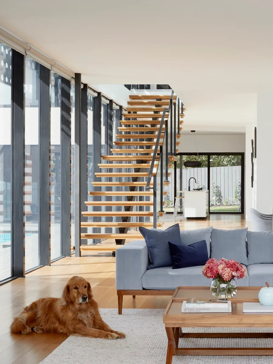 Séjour contemporain lumineux avec escalier ouvert et mobilier aux formes douces