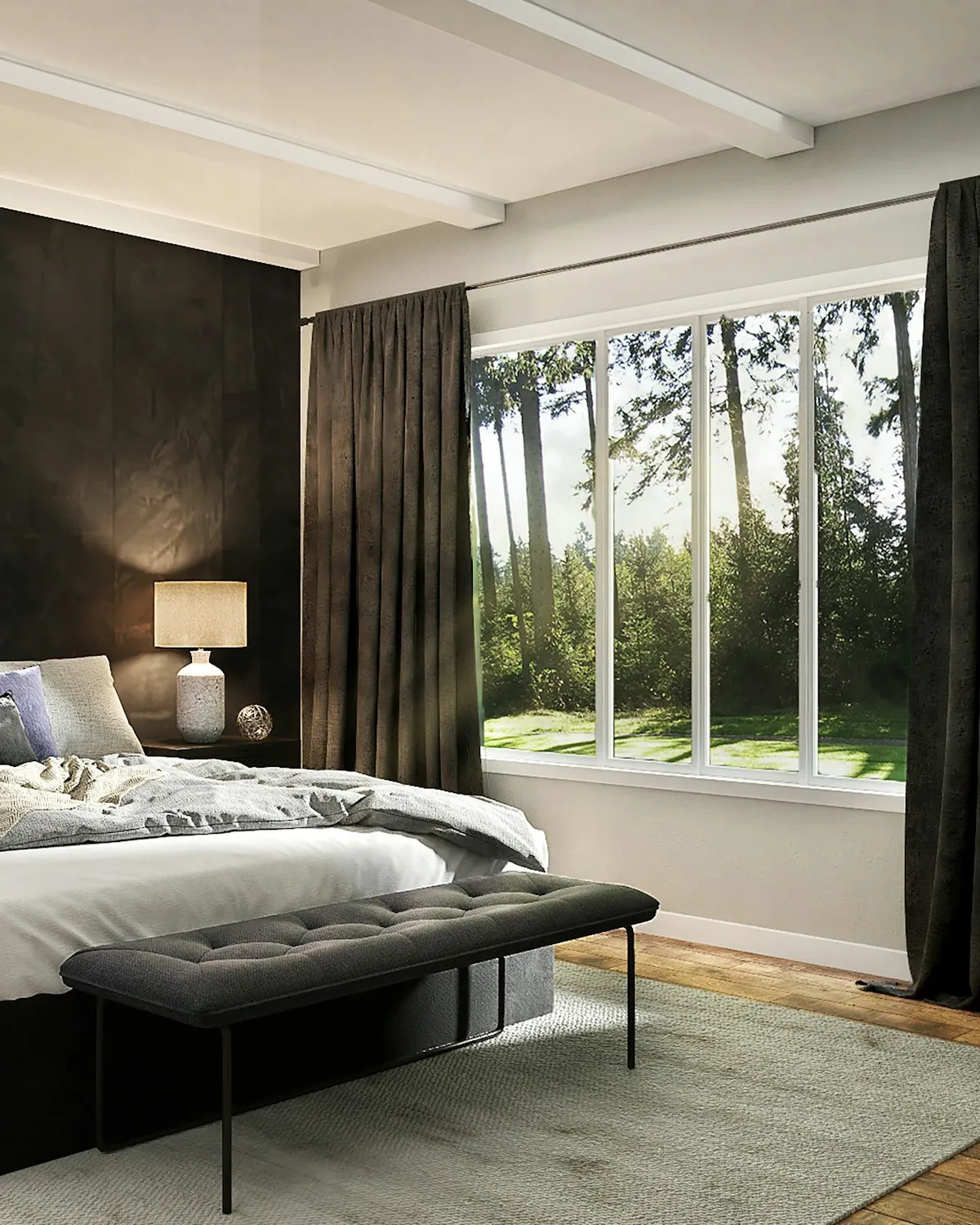 Chambre sombre avec tête de lit basse