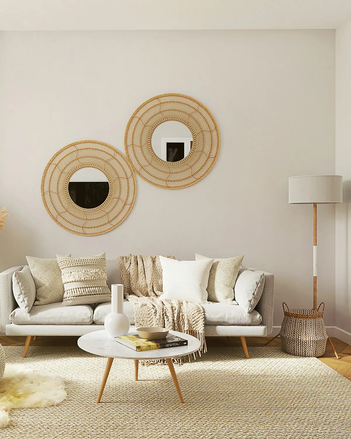 Salon scandinave clair avec miroirs ronds