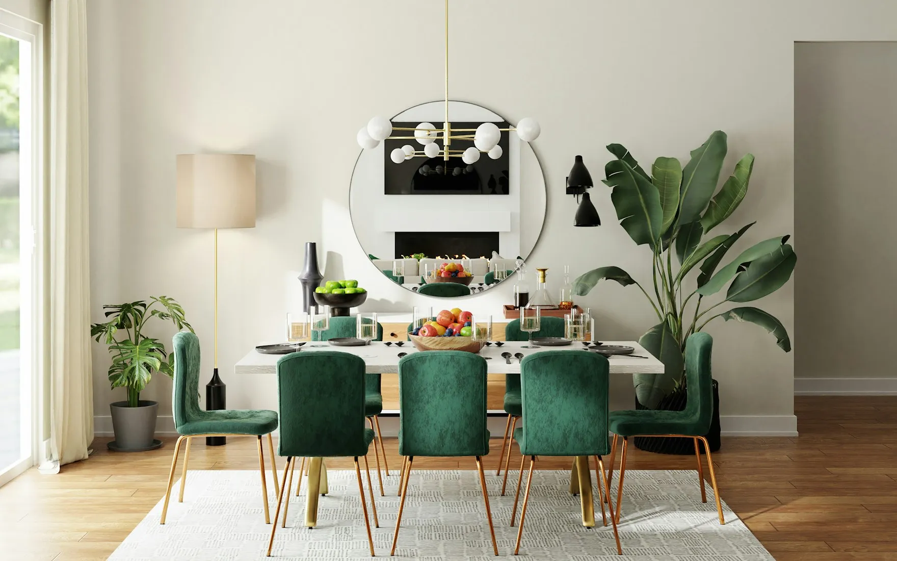 Salle à manger Art déco avec chaises en velours vert, laiton et miroir rond