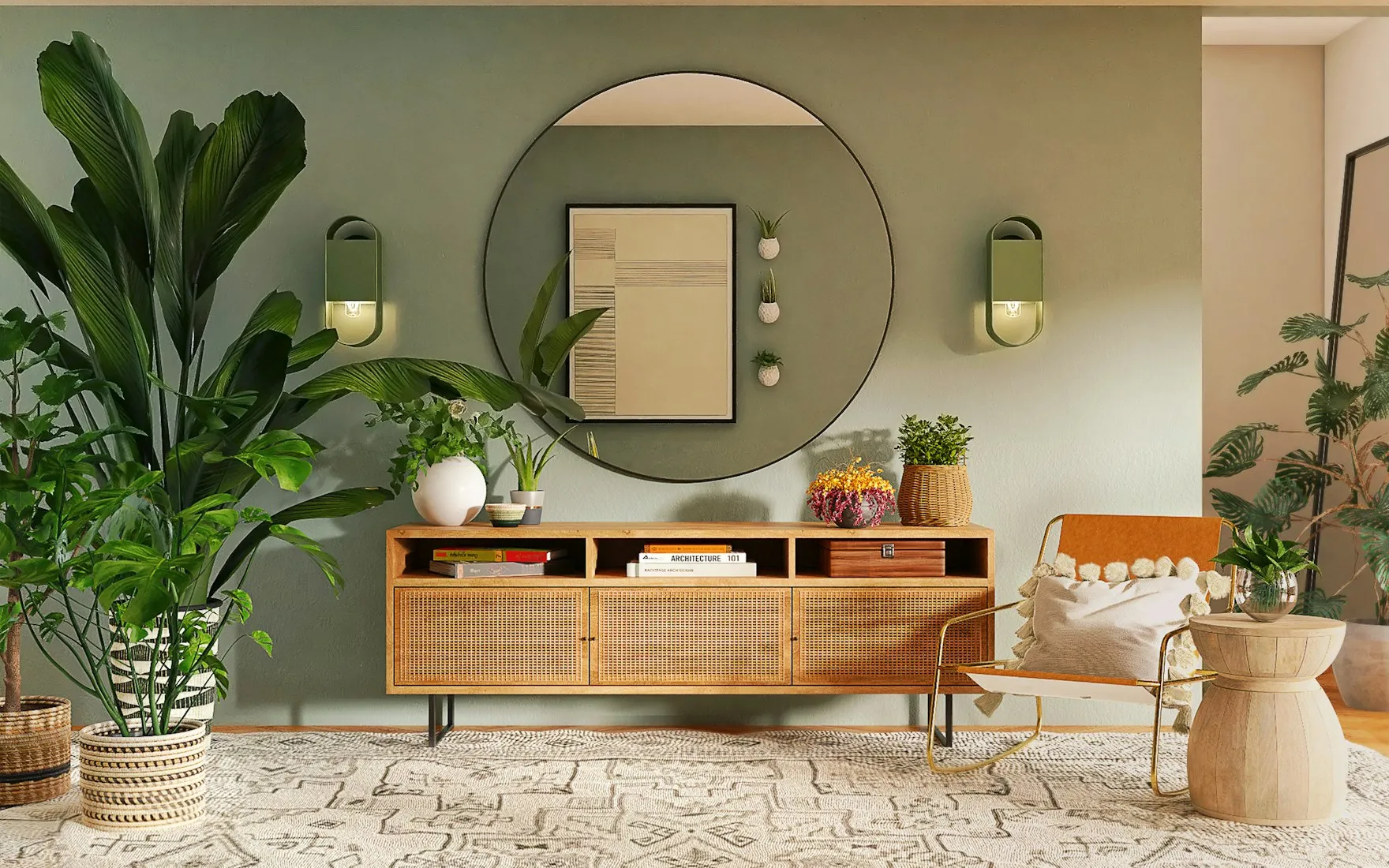 Intérieur japandi avec claustra en bois, assises basses et palette terreuse